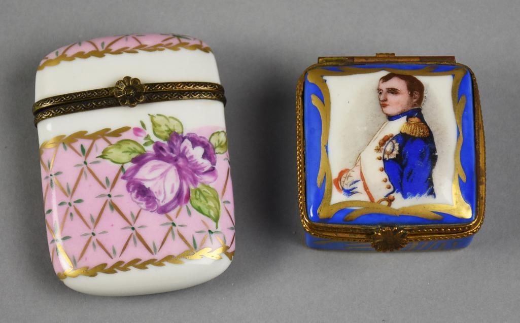 Antique Limoges Porcelain Pill Box & Match Safe: Wonderful antique porcelain from Limoges France. Includes a small pill box with a hand painted Napoleon framed in gold and blue. Marked on bottom Limoges France. Measures approx. 2" x 1". The match sa