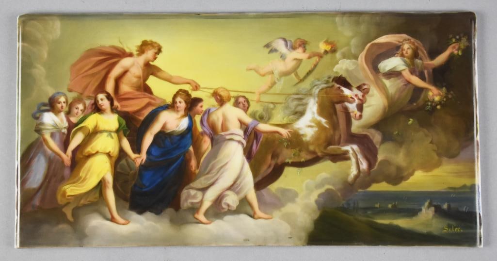Austria After Guido Reni "Aurora" Hand Painted Porcelain: This gorgeous painting is an after Guido Reni's 17th century ceiling fresco called "Aurora". Painting is the Goddess of Dawn with Apollo following in a chariot. The chariot is surrounded by Hours (aft