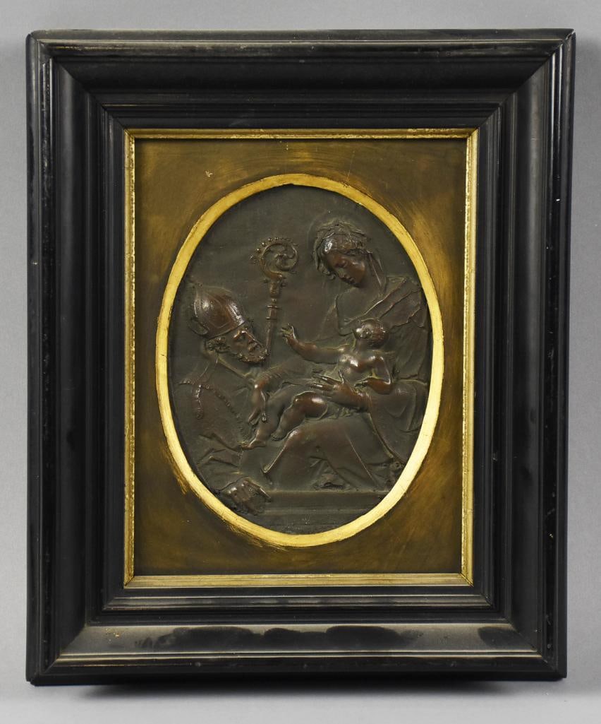 c1880 Patinated Bronze Madonna & Child Relief, Framed: Gorgeous antique bronze religious piece, believes to be German. The relief work is the Madonna and Child with Bishop. It is nicely framed, may be original to the piece. The back of the piece has a nam