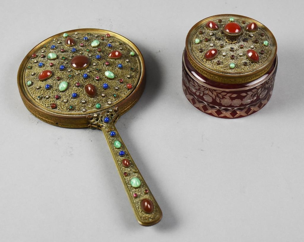 Antique Austrian Bejeweled Bronze Dresser Box & Mirror (1 of 8)