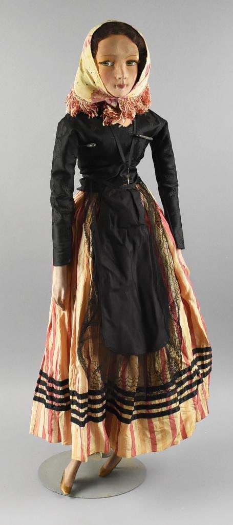 c1930 Boudoir Doll, Hand Painted Cloth & Wood: This is a wonderful girl who appears hand crafted. She is a boudoir doll with hand painted cloth face, body appears to be stuffed burlap and her arms appear composition and lower legs and feet are car