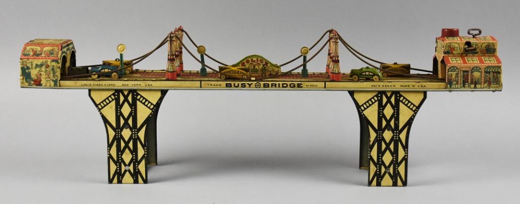 c1930 Louis Marx Tin Litho Busy Bridge, Wind Up Toy (1 of 12)