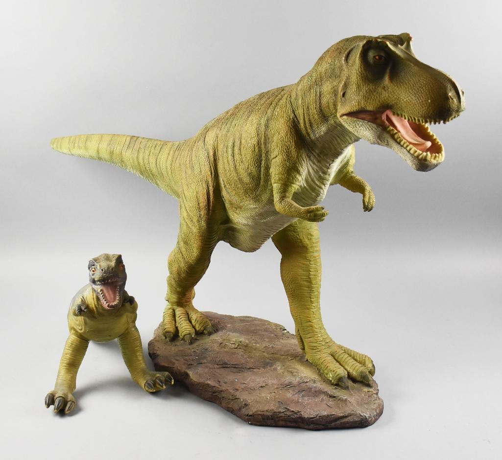Design Toscano Style Dinosaurs, Garden Statues: Add a little Jurassic Park to your garden with these fun dinosaurs, believed to be from Design Toscano. There is a tall figure on base who measures approx. 27" x 40" and a cub, measuring approx. 12"
