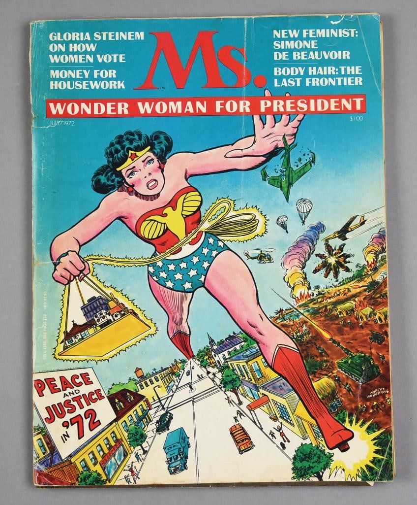 1st Ed 1972 Ms. Magazine "Wonder Woman for President" Cover: Cool vintage magazine Gloria Steinem, Ms. Magazine. This is the very first Ms. Magazine with an illustration of Wonder Woman on the cover with "Wonder Woman for President".