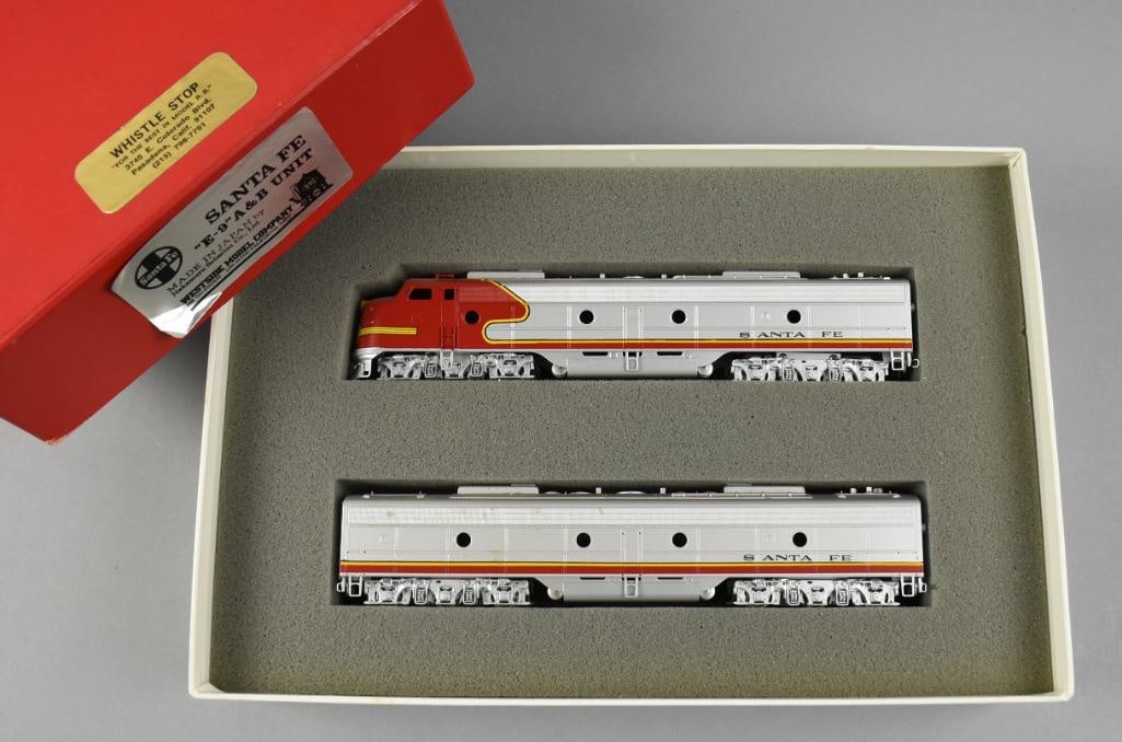 Nakamura Westside Model Co Santa Fe E-9 A&B Unit, MIB NOS: Lot is for a cool Nakamura Seimitsu Co Westside Model Co locomotive. It is a Santa Fe E-9, cars A & B. Comes in the original box and appears unused.