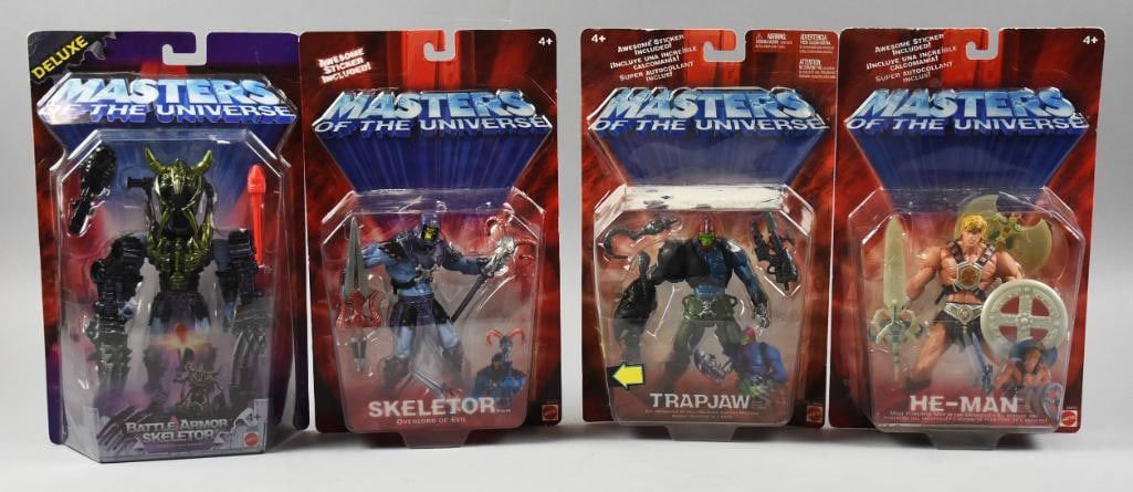 2000s Mattel Master of The Universe Action Figures, MIB NOS: These pieces include Skeletor, Battle Armor Skeletor, Trapjaw and He-Man.