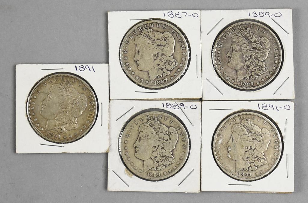 1887-1891 Morgan Silver Dollars - VG to EX: This is a lot for five Morgan silver dollars, dates 1887 O, two 1889 O and two 1891 with one O mint mark.