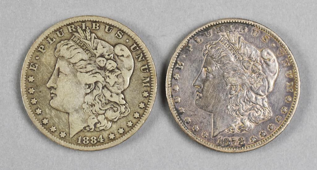 1878 & 1884 Morgan Silver Dollars: Pair of very nice Morgan silver dollars, a 1878 S and a 1884 O.