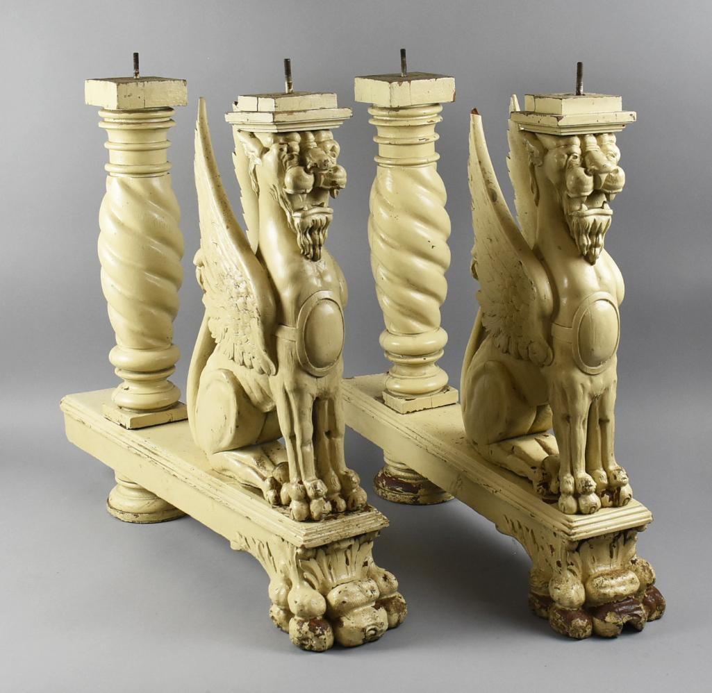 Antique Griffin table or bench legs Neoclassical: These are amazing antique table or bench legs in the Neoclassical style. They are winged Griffin in a seated position in front of a twisted column. They base is footed with acanthus leaves. Solid