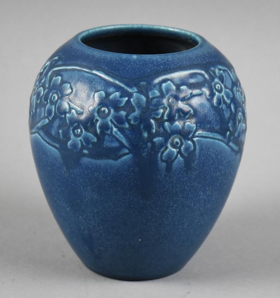 1928 Rookwood Blue Floral Urn Vase, No. 2589: Wonderful early Rookwood pottery vase, No. 2589. Ceramic body, floral swags around the collar. Marked on bottom RP with rays, XXVII for 1928 and the number.
