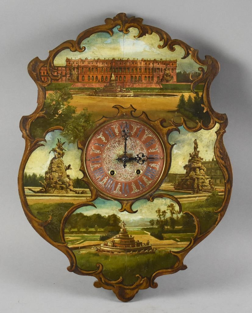 RARE 19th C FX Wildenauer Painted Sheild Clock, LFS Movement: This 19th-century shield-shaped clock, created by F.X. Wildenauer of Munich, features a masterfully painted design with scenic depictions, including architectural elements and natural landscapes. The