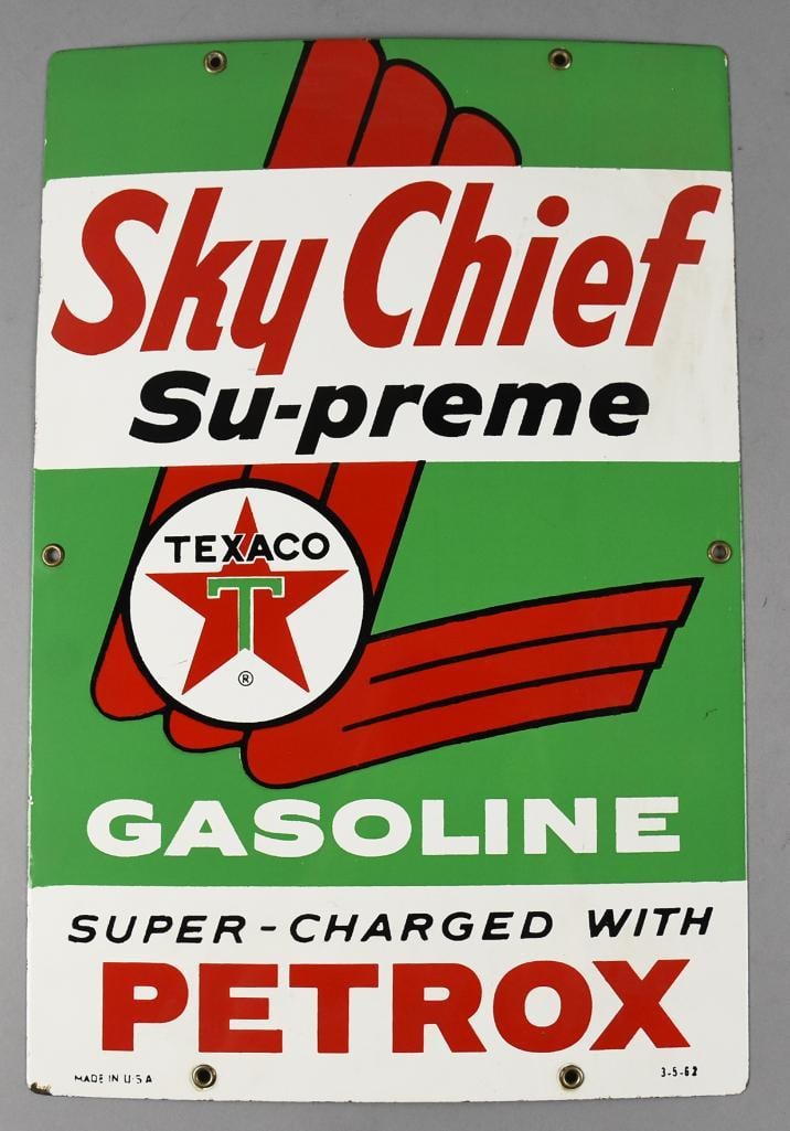 1962 Texaco Sky Chief Porcelain One Sided Sign: This great looking sign is from 1962. It is for the Texaco Sky Chief Gasoline Super Charged with Petrox. Green and white with read and black lettering. Dated along the bottom 3-5-62 and Made in USA.