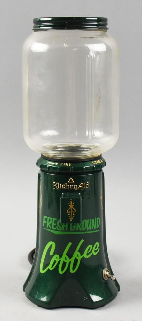 c1935 KitchenAid The Hobart Coffee Mill, A-9, Working: Wonderful restored coffee mill from KitchenAid, The Hobart Mfg Co. Vivid metallic forest green with lighter green Fresh Ground and a darker mint green Coffee in cursive. The embossed lettering is