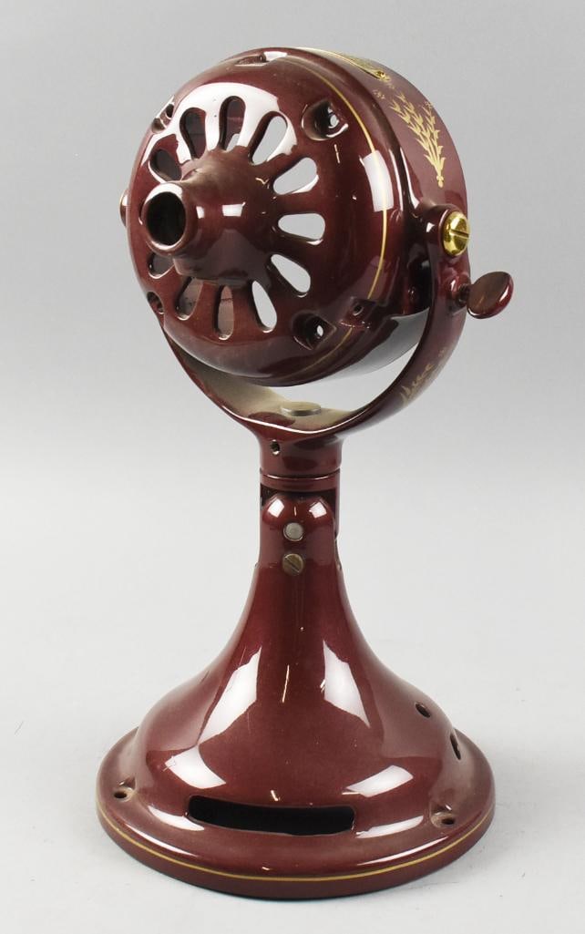c1900 General Electric Alternating Current Fan Motor Shell: Wonderful antique fan motor shell from General Electric. It is for an Alternating Current Fan Motor, shell has been restored with a rich metallic burgundy with hand painted gold accent pinstripes. Nee