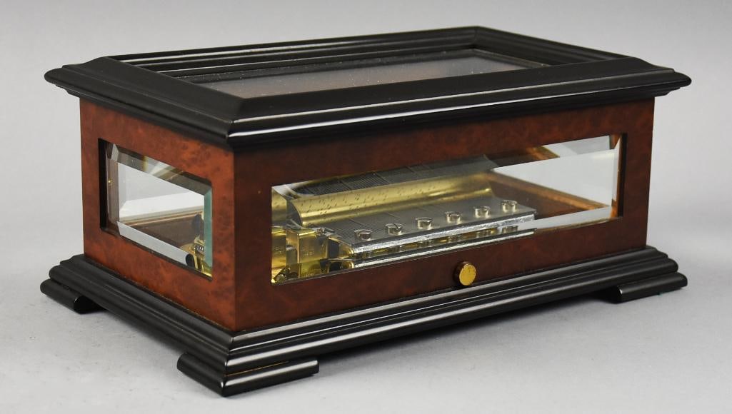 Vintage Reuge Three Song Cylinder Music Box w/ Beveled Glass: This wonderful music box is Reuge. It is a three song cylinder, plays Mozart: Allegro, Romanic and Minuet. Swiss made music player in an Italian made box, wooden frame box with beveled glass all