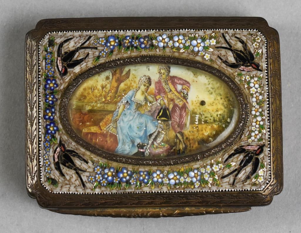 19th Century Italian Micro Mosaic Gold Wash 800 Silver Box: This is an absolutely stunning antique box. It is 800 silver with micro mosaic sparrows and flowers and a center porcelain medallion hand painted courting scene. The underside is ornately engraved