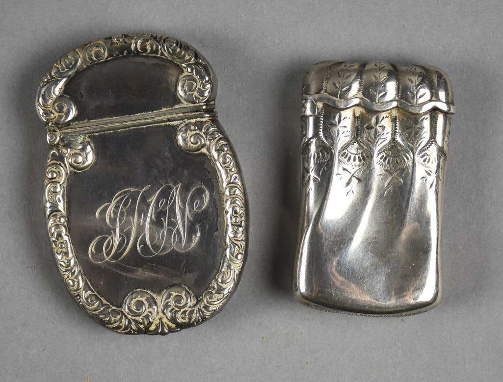Victorian Sterling Silver Match Safes, Vesta Cases: These are a pair of wonderful antique match safes or vesta cases. Both are clearly stamped sterling. One rectangular shape with engraved details. Does appear to have a maker mark next to the sterling 