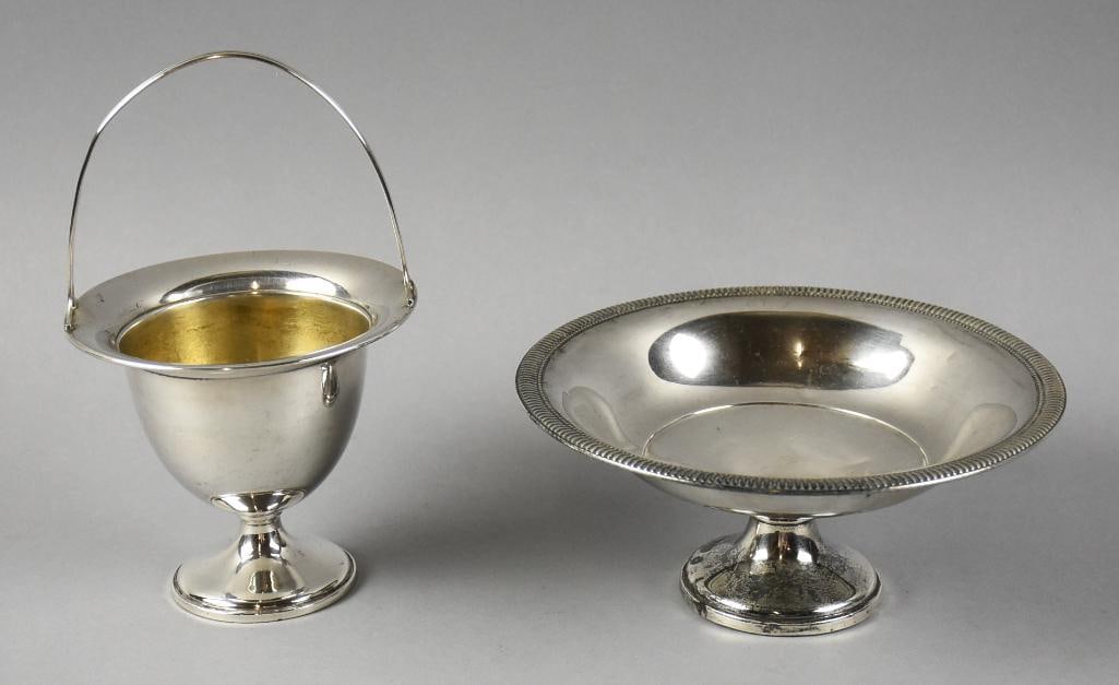 Vintage Sterling: The bowl is a c1950 Fisher Silversmiths bowl, gadroon and beaded rim with weighted pedestal base. Marked on bottom and stands approx. 2.5" tall. The basket is from Watrous?Mfg.. gold wash and weighted