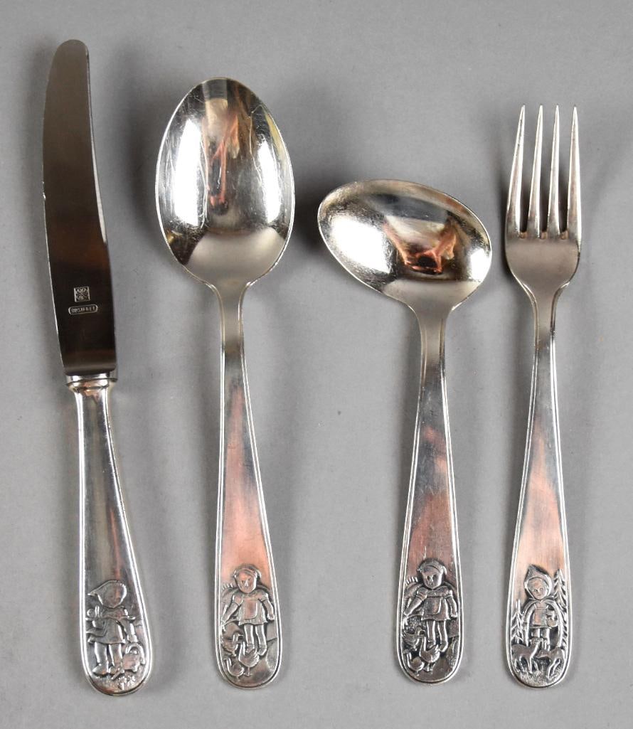 Vintage Seibel 900 Silver Children's Fairytale Flatware: This is a darling set of children's flatware from Britanniawarenfabrik W. Seibel. This child set includes a fork, knife and spoon along with a side feeding infant spoon. Set is complete with an overal