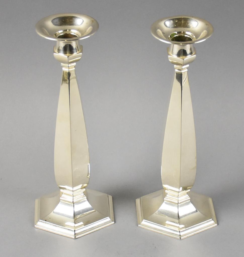 Mid Century Sterling Silver Candlestick Holders, Weighted: These candlestick holders are simple but elegant. They have a hexagon stem and weighted hexagon base. They are stamped on the bottom and numbers 6641. Stand approx. 9" tall with an overall approx. wei