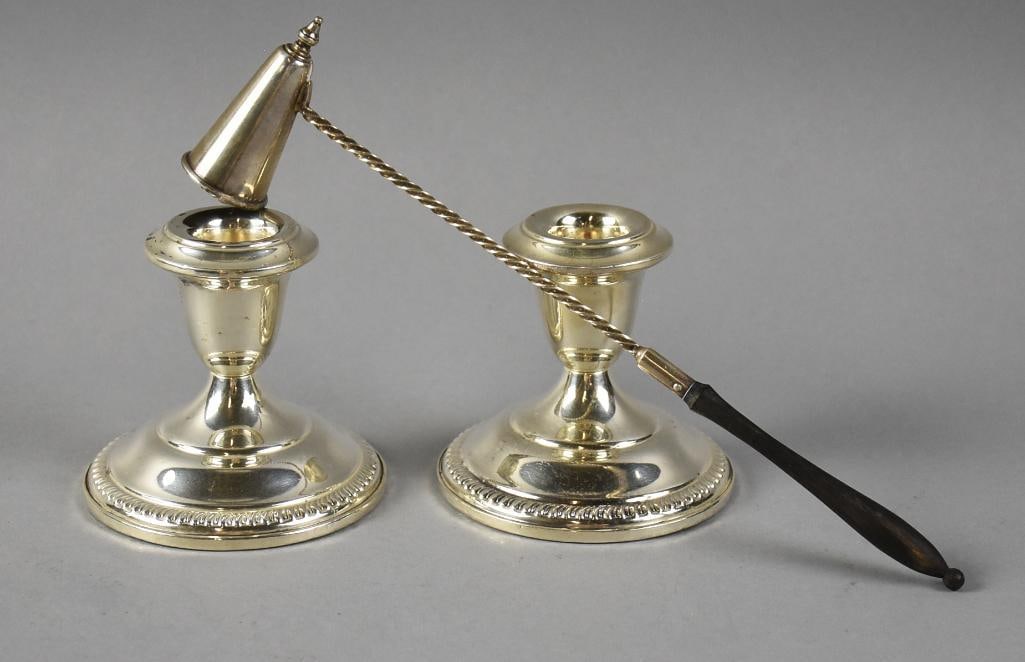 Vintage Empire Sterling Candle Holders, Watson Sterling Snuffer: Great pair of weighted sterling Empire candle holders. Simple design with gadroon around base. Marked well on bottom and stand approx. 3" tall. Includes a candle snuffer, sterling with Nicely marked o