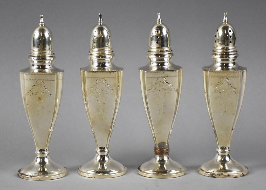 c1940 Art Deco Hamilton Sterling Salt & Pepper Shakers: Wonderful set of four sterling salt and peppers from Hamilton Sterling. They are Art Deco from the 1940s with amphora style bodies and domed lids. Each with a hand engraved flower and leaf motif. Well