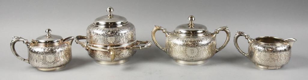 Antique Derby Silver Co. Chased Table Service Pieces: These fantastic pieces are from Derby Silver Co, in Derby CT. Pieces are beautifully chased repousse floral details and are monogrammed, old English letters "D" on each piece. Set includes a lidded su