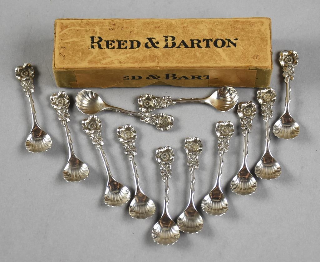 1890-1974 Reed & Barton Harlequin Individual Salt Spoon Set: Gorgeous set of 12 individual salt spoons from Reed & Barton. They are in the 1890-1974 pattern called Harlequin. Each with a single flower handle and scalloped bowl. Well marked on back and come in
