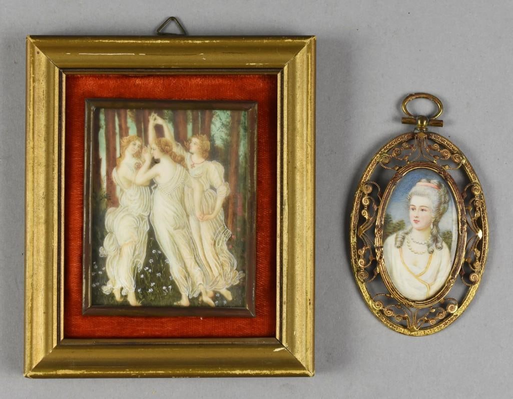 Antique Hand Painted Portrait & Graces: One larger piece in simple frame is an after Botticelli, The Three Graces. No visible artist signature and measures approx. 6" x 5". One is a wonderful portrait of a noblewoman in a pierced frame.