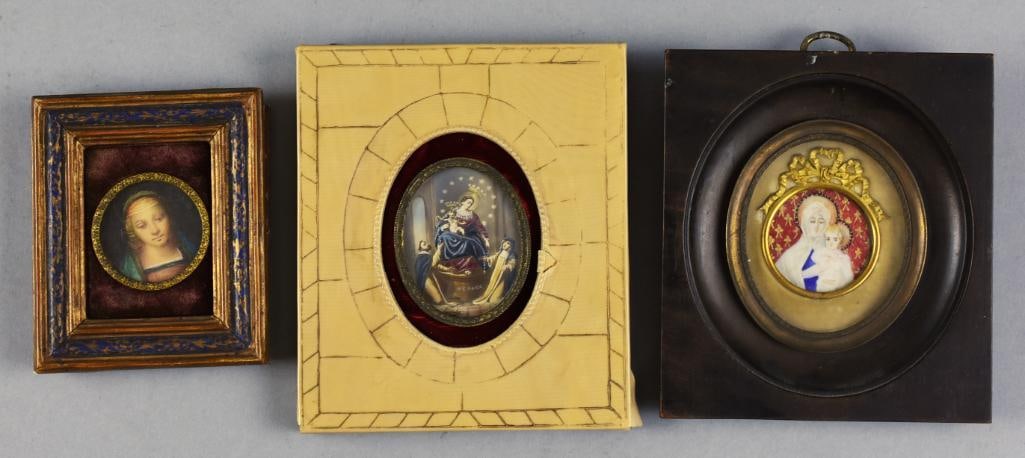 Antique Hand Painted Religious Icons: Beautiful collection of three religious paintings, all appearing to be on natural materials. They include Mary and the baby Jesus, a Madonna portrait and Our Lady of the Rosary of Pompeii. Each is