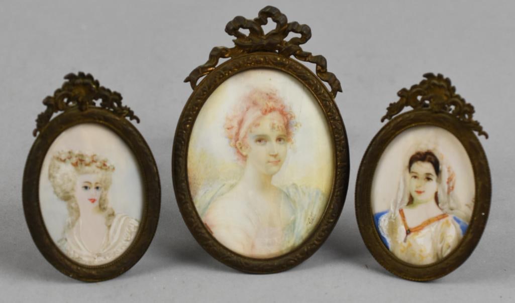 Victorian French Hand Painted Portraits, Signed: Great lot of Victorian portraits, hand painted on what appears to be natural materials. They are three lovely ladies portraits, one lady with pink hair and serene face with the artist signature along