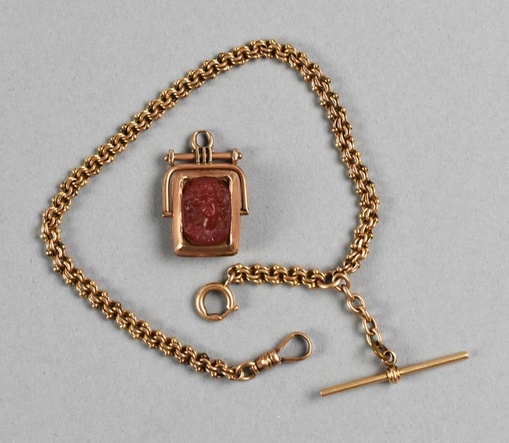 Rare! Victorian 10K Swivel Locket Fob & 14K Gold Watch Chain: This is a wonderful antique gentleman's pocket watch accessory set. Lot includes the Victorian spinner watch fob with intaglio woman appearing to be carnelian on one side and the other side appears