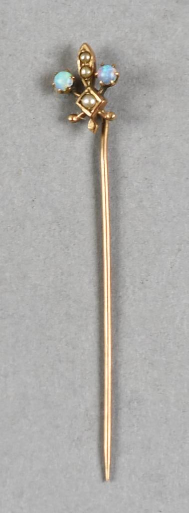 Victorian 14K Yellow Gold, Opal & Pearl Stick Pin: Fantastic antique stick pin in 14K. Abstract floral set with cabochon prong set opals and inlay of pearl. No visible marks, tests as 14K. Measures approx. 2" long. Approx. weight of .85 grams.
