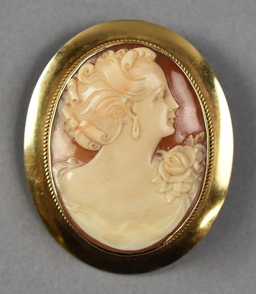 Vintage 14K Gold Shell Cameo Brooch, Pendant (1 of 5)