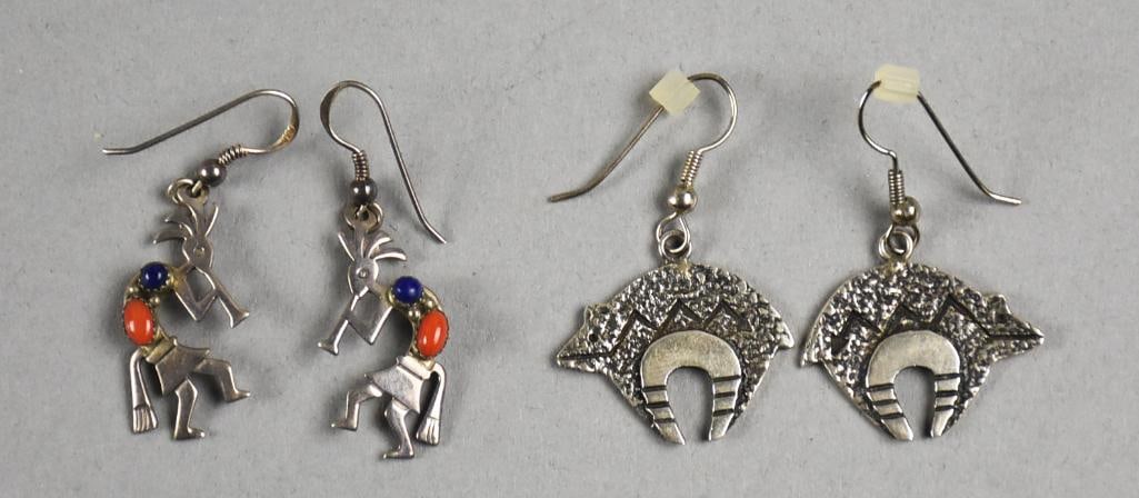 Vintage Native Sterling Kokopelli & Bear Dangle Earrings: Great Native American pierced earrings, both in sterling silver. They include a Hopi pair of?Kokopelli?with lapis and coral stones and Navajo bears. Both stamped sterling with no other visible marks.