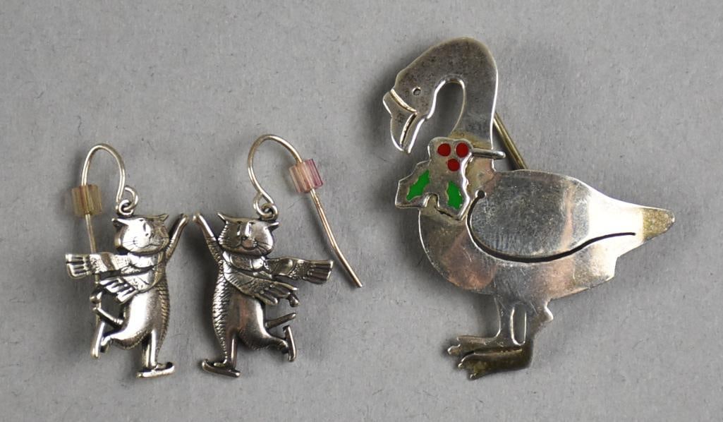 Vintage Christmas Mexican Sterling Silver Earrings & Brooch: These cute pieces include an Anne and Jane Harvey goose with holly berry brooch. Stamped A & J Harvey Mexico 925 and a pair of Laurel Elliot skating kitty earrings stamped dvb 925.