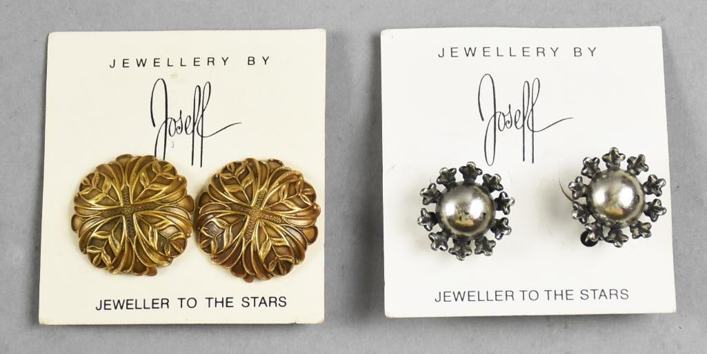 Joseff of Hollywood Clip On Earrings, Original Card: Fun vintage jewelry from Joseff of Hollywood. They are each clip on earrings with one pair abstract snowflakes in a silver tone and one pair having a bronze finish with leaves and center cross. Both