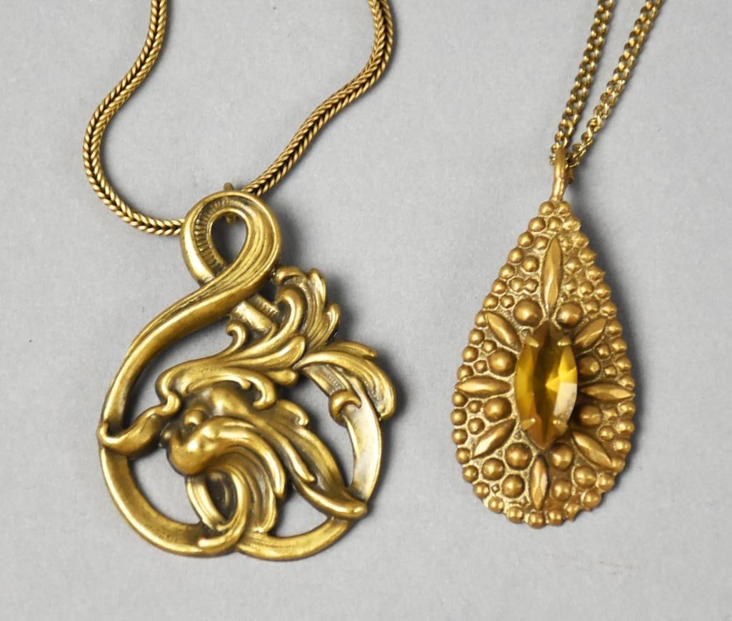 Vintage Joseff of Hollywood Necklaces, Original Cards: Very pretty vintage necklaces from Joseff of Hollywood. Each comes on the original card. One is a textured teardrop with a amber colored crystal or glass center stone. Measures approx. 18" long. One