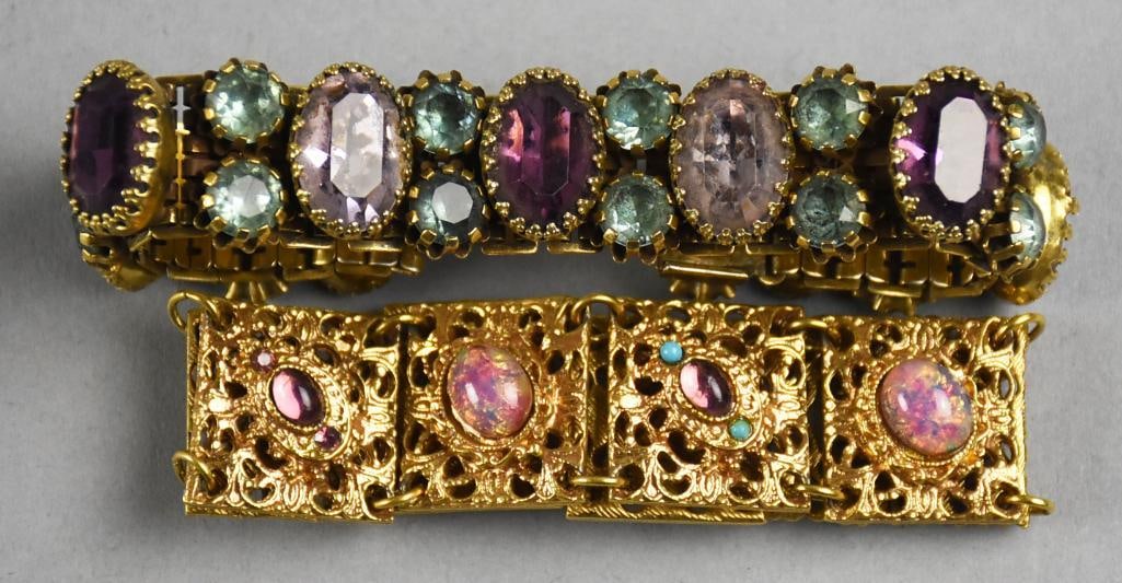 Vintage Coro & Vendome Costume Jewelry Bracelets: Very pretty pair of vintage costume jewelry bracelets. One is marked Vendome with safety chain. Faceted purple and pale blue stones that appear glass and the other is attributed to Coro, byzantine