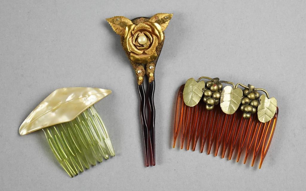 French Antique Sterling PLUS Hair Combs: Lovely collection of hair combs that include a Victorian two prong rose comb with gold overlay and single pearl that appears faux. A made in France comb with plastic mother of pearl and a made in