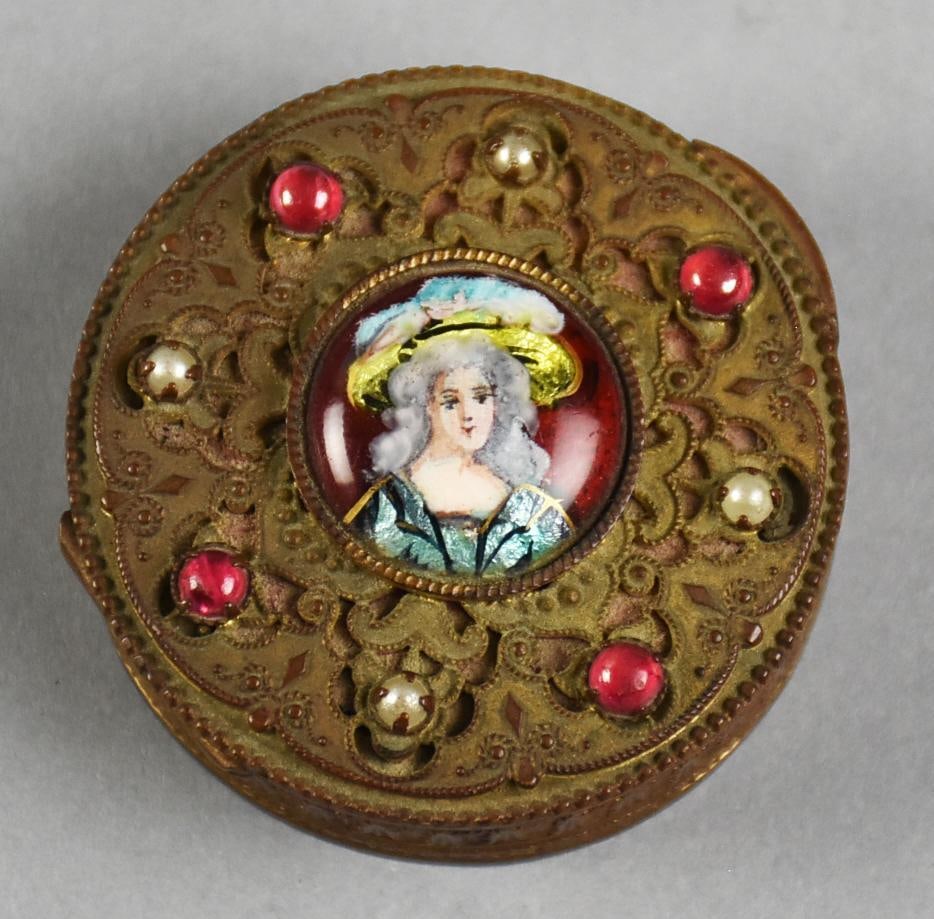 c1890 French Bronze Dore Porcelain Portrait Patch or Pill Box (1 of 5)