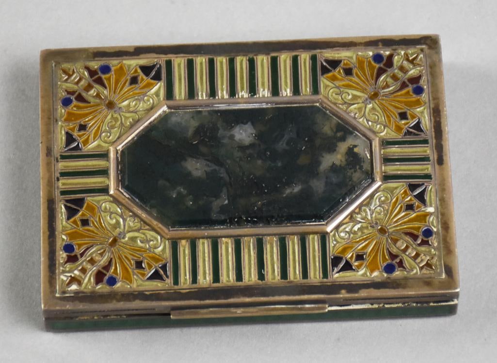 c1930 Austria Bruder Frank Plique a Jour 935 Silver Box: This wonderful box is from the Bruder Frank (Brothers Frank) in Austria. Plique a jour, corners with Art Deco style bows with enameling and a center hard stone. Underside is a rich green enamel.