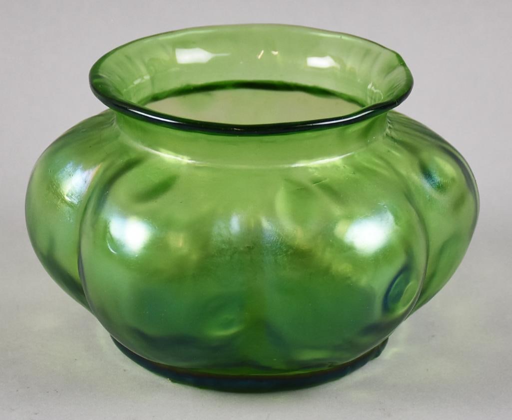 c1900 Loetz Green Opalescent Creta Rusticana Vase: Here is a stunning piece of antique glass from Loetz. It is known as Creta Rusticana (or gourd). The color is green with a beautiful iridescence. No visible marks and measures approx. 4" x 7".