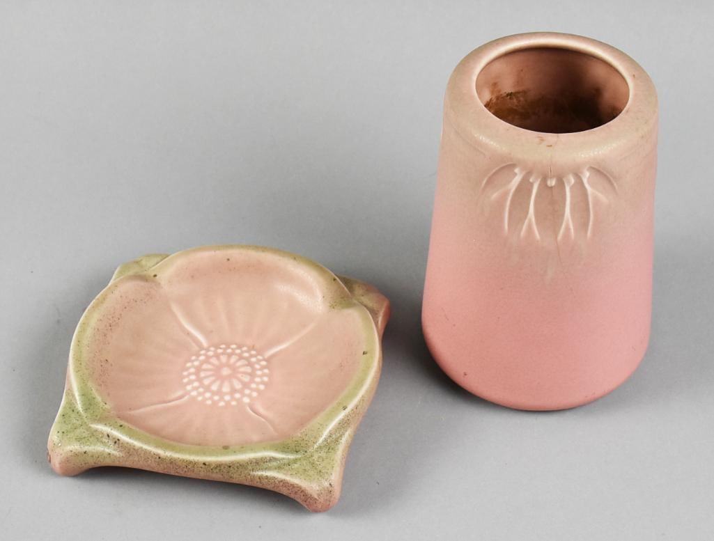 1928 Rookwood PinK Vase, No. 1903, Ashtray No. 1646: Very pretty 1928 Rookwood pottery in a wonderful matte pink glaze. First is the wonderful cylindrical vase with impressed leaf pattern on the edge. It is marked on bottom with the Rookwood date mark
