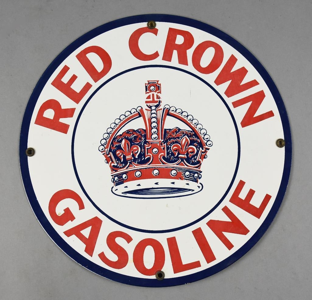 Vintage Red Crown Gasoline Single Sided Porcelain Sign: This is a great looking vintage gasoline sign. Single sided white porcelain for Red Crown Gasoline. From the home of a professional antique restorer. Red lettering with dark blue trim with red and