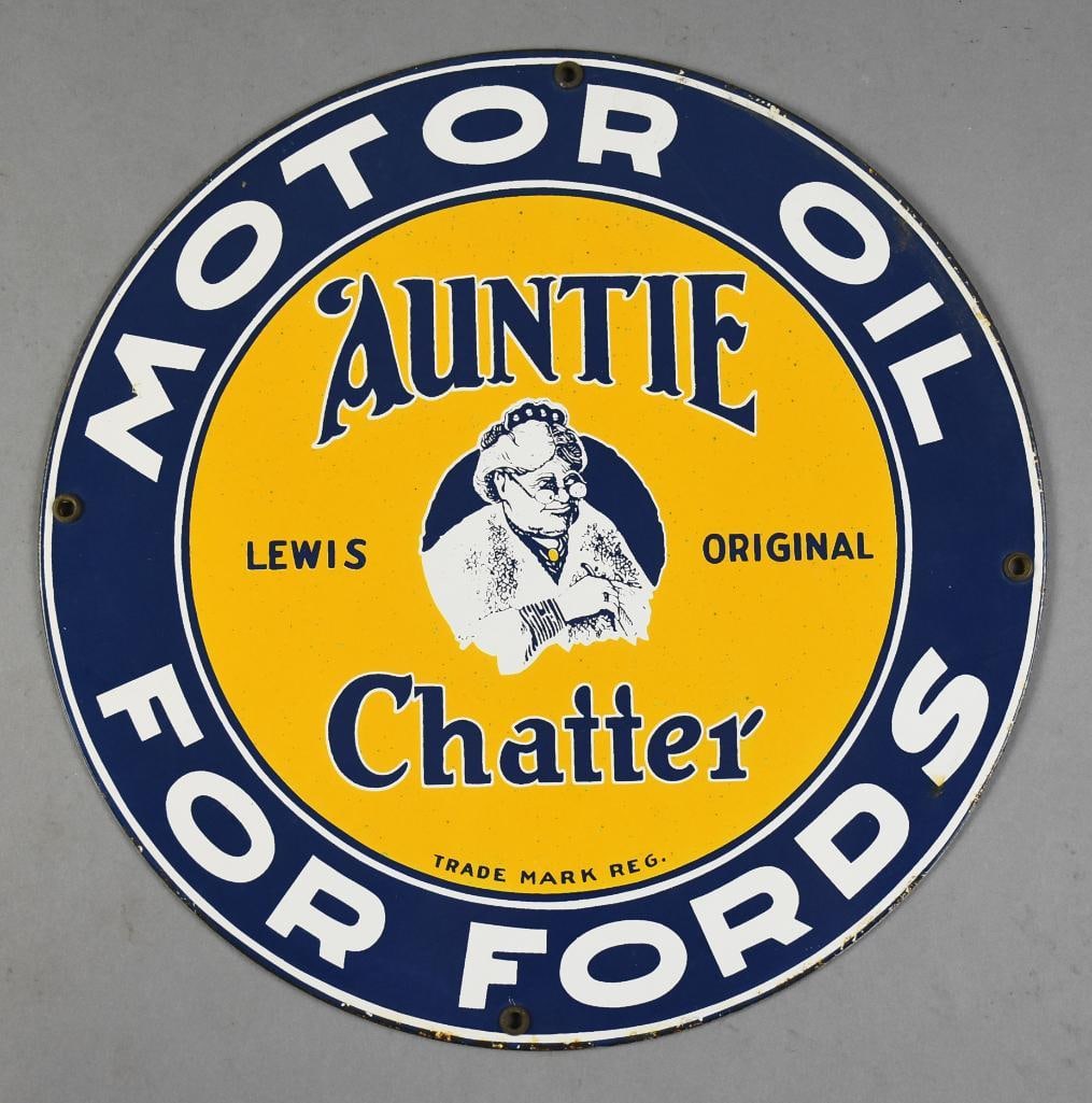 Vintage Auntie Chatter Single Sided Porcelain Sign: Fun vintage sign for Auntie Chatter Oil for Fords. Fords in the 1930s were known for the noise from the transmission which was called "chatter". . Measures approx. 12" across. Would be fun for your