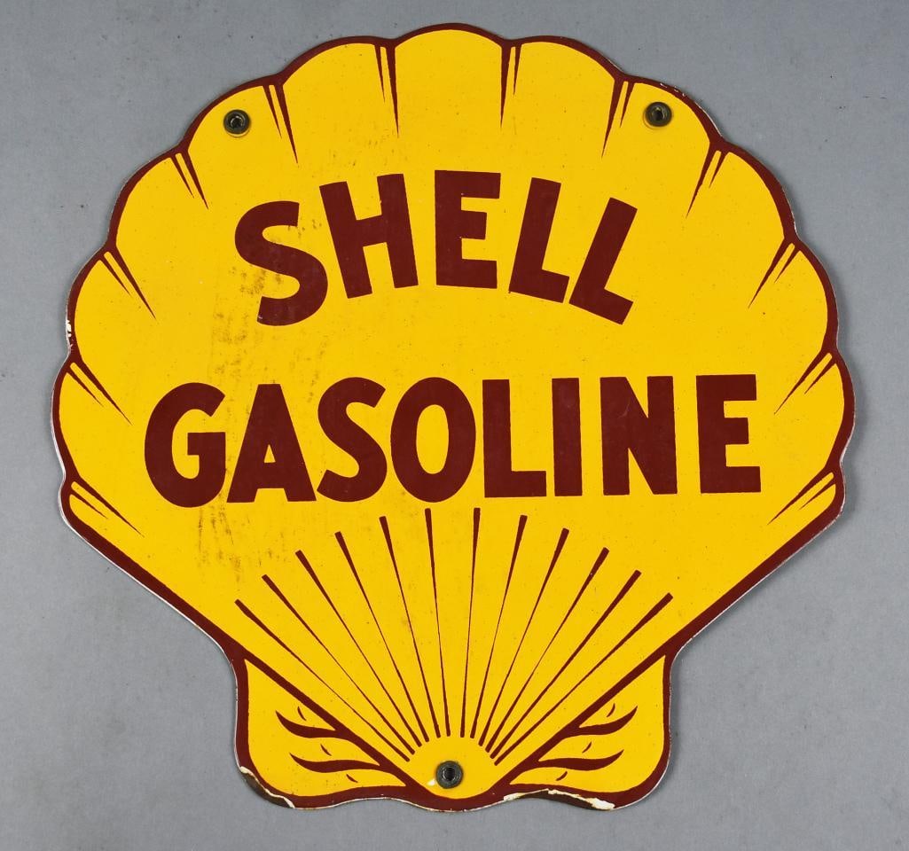Vintage Shell Gasoline Single Sided Porcelain Sign: Great looking scallop shell Shell Gasoline sign in yellow and red. Single sided and approx. 12" across.? From the home of a professional antique restorer.
