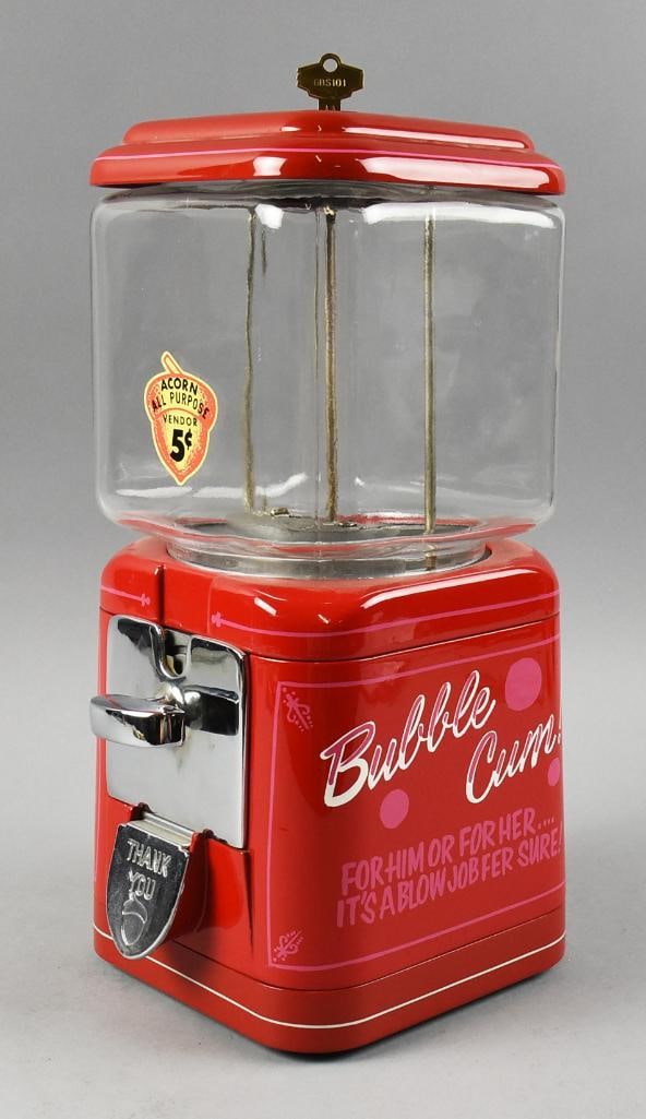 Vintage Oak Mfg Co. Acorn Candy or Gum Dispenser: Lovely 5c gum or candy machine from Oak Manufacturing Co. It is the Acorn All Purpose machine. It has a customized spicy message on the side in pink which is obviously not original. Includes the key, 