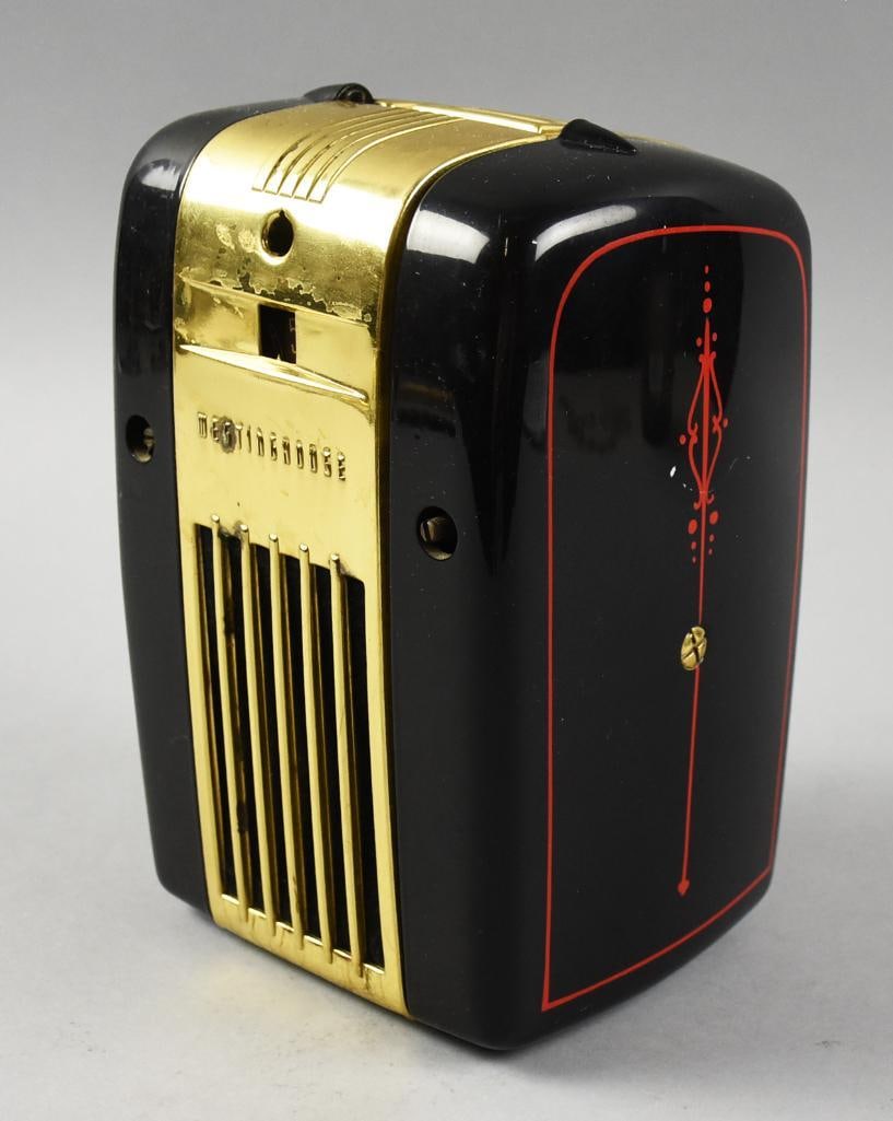 c1940 Westinghouse Little Jewel "Fridge" Tube Radio: This is a darling restored 1940s tabletop radio from Westinghouse. It was modeled after early refrigerators. Tube radio called Little Jewel and has been restored to a high gloss black enamel paint wit