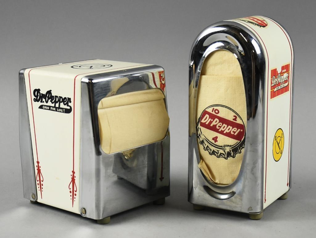c1950 Pair, Dr. Pepper Soda Fountain Napkin Dispensers: Great napkin dispensers with Dr. Pepper advertising. There is one original with Drink Dr. Pepper Good For Life decals on front and back along with two yellow 10, 2 and 4 yellow clock decals. The top